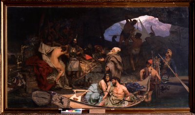Los corsarios. (Escena en la que traen su botín y sus prisioneros (rehenes) en una cueva). Pintura de Henryk Siemiradzki (1843-1902), óleo sobre lienzo de Henryk Siemiradzki