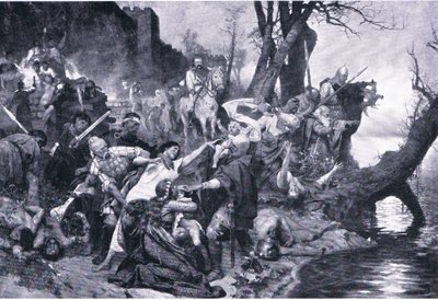 Guerreros de Sviatoslav en la masacre bajo los muros de Drster (Durostorus), ilustración de Hitos en la Historia Europea publicada por Gresham Publishing Co, c.1920 de Henryk Siemiradzki