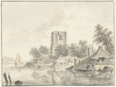 Paisaje fluvial con una gran torre de iglesia rechoncha de Hendrik Spilman