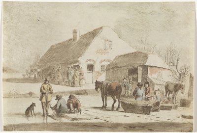 Patinadores de hielo y un trineo en una granja. de Hendrik Spilman
