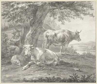 Dos vacas y dos ovejas bajo un árbol cerca de un granero de Hendrik Stokvisch