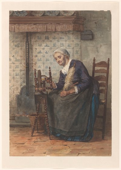 Anciana en el interior en la rueda de hilar de Hendrik Valkenburg