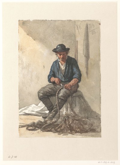 Pescador sentado trabajando en una cuerda de Hendrik Valkenburg
