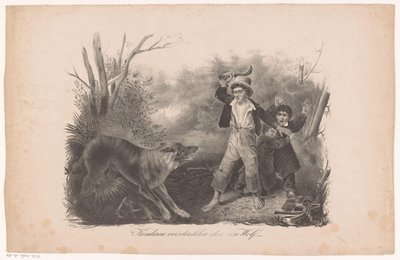 Niños y un lobo en el bosque. Niños asustados por un lobo (título sobre objeto) de Hendrik Wilhelmus Last