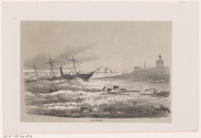 Barco en problemas en la playa durante la tormenta del 28 de mayo de 1860 La playa (título sobre el objeto) Álbum de diez bocetos litografiados, que representan a Tooneelen de la destrucción, agitados por la tormenta del 28 de mayo de 1860 en el 