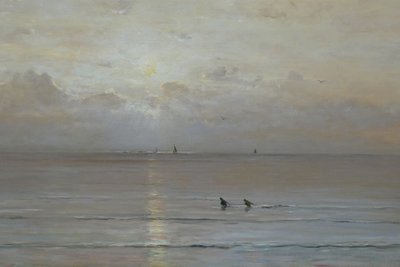 Holandés: Puesta de sol con pescadores de gambas de Hendrik Willem Mesdag