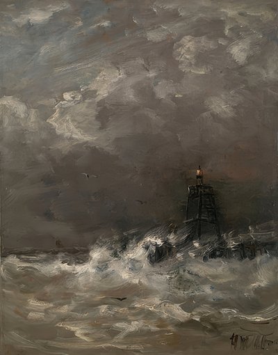 Faro en olas rompientes de Hendrik Willem Mesdag