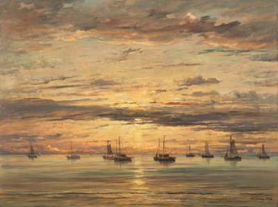 Puesta de sol en Scheveningen: Una flota de barcos de pesca anclados, 1894 de Hendrik Willem Mesdag