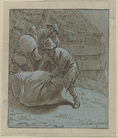 Tres hombres en un paisaje cerca de un barril tumbado y un saco de Hendrik Willem Schweickhardt (signed by artist)