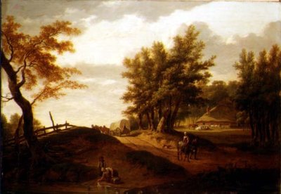 Paisaje boscoso con un carro y campesinos viajando por un camino, una lavandera en un estanque y una granja al fondo de Hendrik Willem Schweickhardt