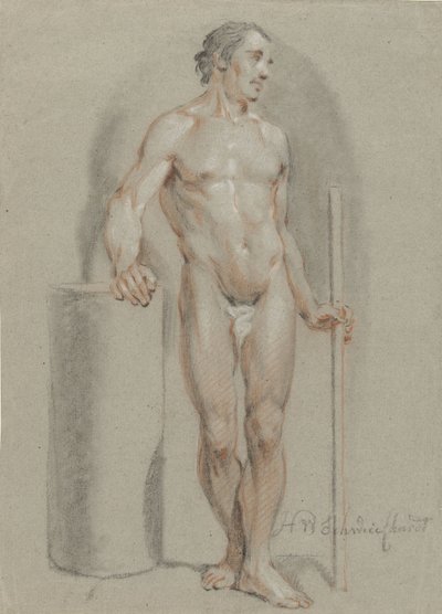 Desnudo masculino de pie, sosteniendo un bastón, apoyando un cilindro de estudio de Hendrik Willem Schweickhardt