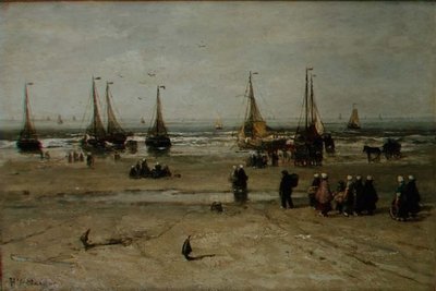 Paisaje costero con barcos de pesca y pescadores de Hendrik William Mesdag