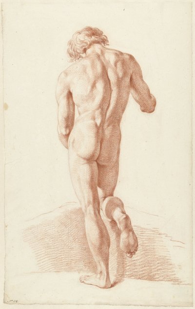 Hombre desnudo de pie, visto desde atrás, apoyado en la rodilla derecha de Hendrik de Flines