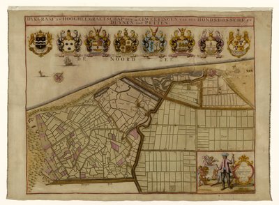 Mapa del dique de Hondsbossche y de las dunas cerca de Petten
Dykgraaf en hoogheemraetschap der Zeeweeringen van den Hondsbossche y Duynen tot Petten (título en el objeto) de Hendrik de Leth