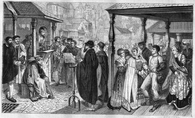 La publicación de los edictos de Carlos V en Amberes: en 1550, una ley estipula que cualquiera que sea convencido de herejía será quemado o enterrado vivo, o decapitado. Grabado de 1866-1867 basado en la pintura de Barón Henri Leys (1815-1869) de Hendrik or Henri Leys