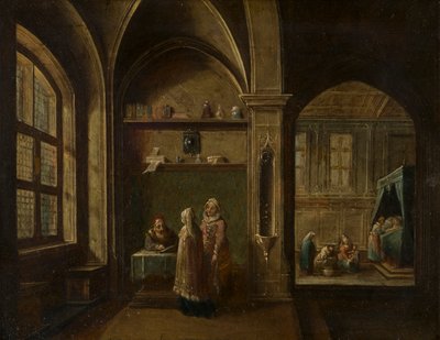 Un interior renacentista con figuras : El nacimiento de San Juan, c.1600-49 (óleo sobre cobre) de Hendrik the Younger Steenwyck