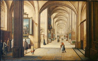 Interior de iglesia con un sacristán mostrando una pintura a los visitantes, 1608 de Hendrik the Younger Steenwyck