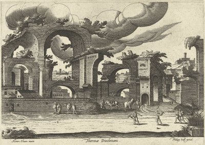 Ruinas de los Baños de Diocleciano desde el lado con dos hombres jugando al croquet en primer plano, 1585 de Hendrik van Cleve III