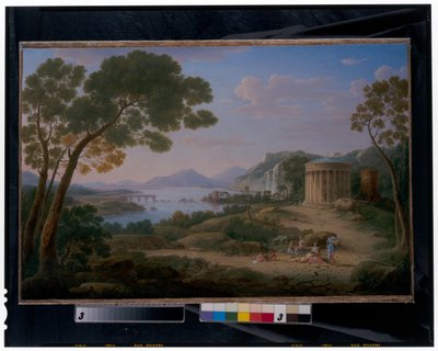 Un extenso paisaje clásico con figuras sentadas ante un tempietto de Hendrik van Lint