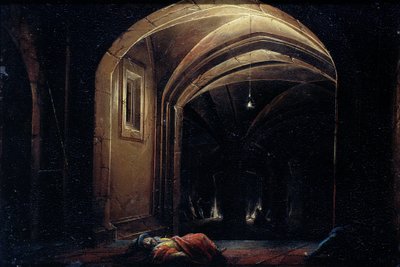 Hombres durmiendo en una habitación con arcos iluminados de Hendrik van Steenwijck (I) (possibly)