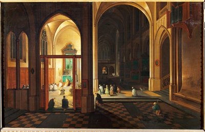 Misa en una iglesia católica. Óleo sobre cobre de Hendrik van Steenwyck