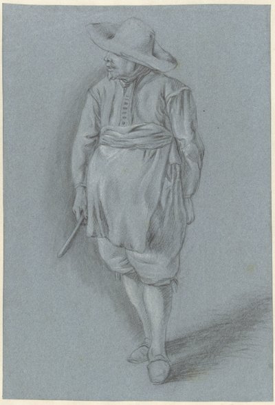 Hombre vestido del siglo XVII con sombrero, delantal y cuchillo. de Hendrik van Velthoven (attributed to)