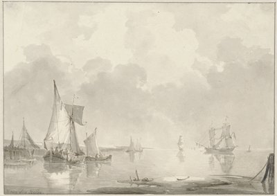Vista de la costa con barcos en aguas tranquilas de Hendrik van den Helm