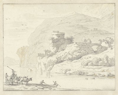 Paisaje de montaña de estilo italiano con pastores y ganado, y dos figuras en un bote que cruza el río de Hendrik van der Straaten (attributed to)
