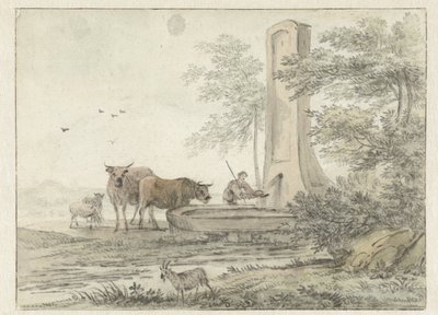 Paisaje de estilo italiano con Herder y su ganado vacuno y ovino en una fuente de Hendrik van der Straaten