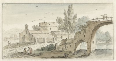 Paisaje de estilo italiano con un puente de piedra de Hendrik van der Straaten