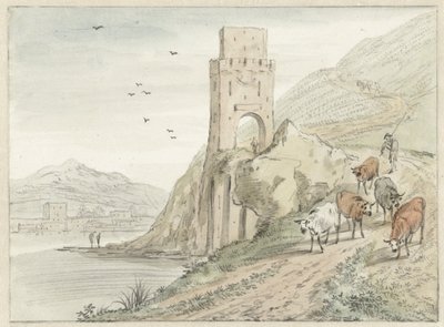 Paisaje fluvial de estilo italiano con montañas y una torre de entrada de Hendrik van der Straaten