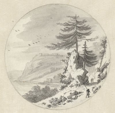 Paisaje costero montañoso con un gran abeto de Hendrik van der Straaten