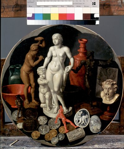 "Naturaleza muerta con una colección de curiosidades" La colección de objetos insólitos del artista, que incluye una estatua de mármol de Diana, medallas y pequeños objetos esculpidos. Pintura de Hendrik van der de Hendrik van der the younger Borcht