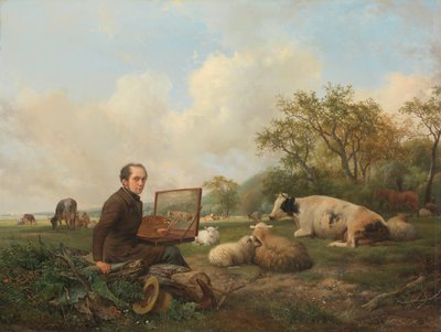 El artista pinta una vaca en un prado de Hendrikus van de Sande Bakhuyzen (signed by artist)