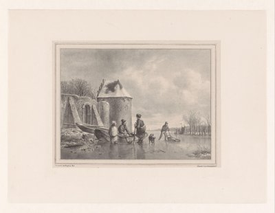 Charco congelado con figuras en bote de remos y patinador de Hendrikus van de Sande Bakhuyzen