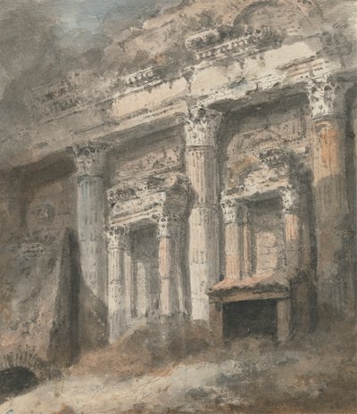 Fachada de un templo romano en ruinas (?), con columnas y portada de Heneage Finch fourth Earl of Aylesford