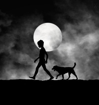Niño y perro a la luz de la luna de Hengki Lee
