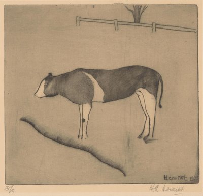 Vaca de pie junto a un banco de Henk Henriët (signed by artist)