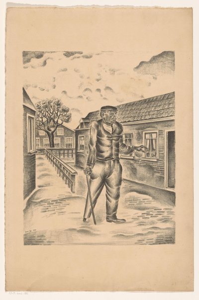 Hombre con pata de palo y bastón en la calle de un pueblo de Henk Henriët