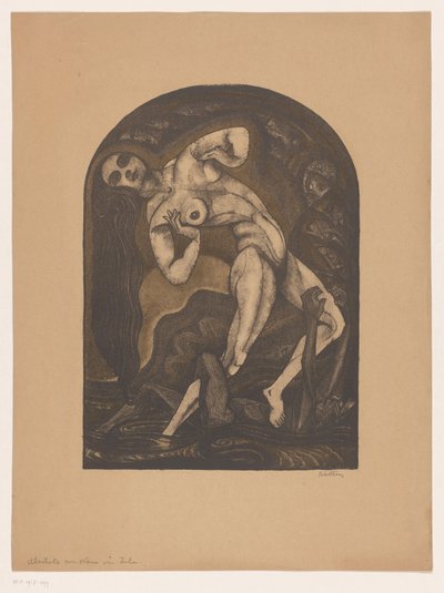 Mujer desnuda de pie sobre un hombre reclinado
Ilustración para Nana de Zola (título en el objeto) de Henk Schilling