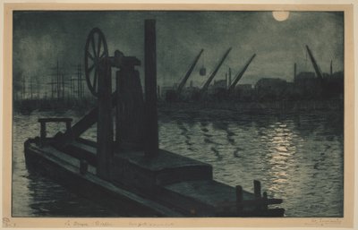 La draga de Dieppe, una draga en el puerto de Dieppe a la luz de la luna de Henri-Charles Guérard