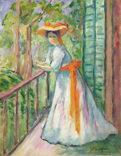 Mujer en el balcón o Jeanne con un lazo naranja de Henri Charles Manguin