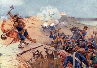Guerra de los Siete Años, Guerra de la Conquete (1754-1763): la Batalla de Fort Carillon el 8/07/1758 entre tropas francesas y británicas aliadas de los Mohawks en Ticonderoga, al sur del lago Champlain (Nueva York) (Guerra Francesa e India (1754-1763), Gu de Henri Gaston Darien