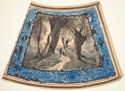 Viajeros en un sendero boscoso con un borde de figuras caprichosas y monos de Henri-Joseph Harpignies