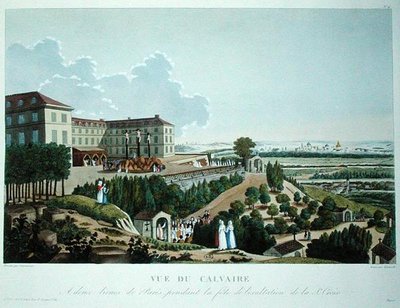 Procesión ante un calvario erigido por las Misiones en Mont Valerien, cerca de París, grabado por Queverdo de Henri (after) Courvoisier Voisin