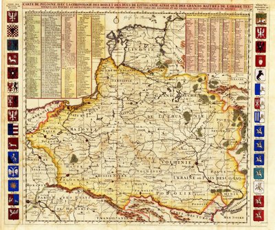 Mapa de Polonia con partes de Livonia y del Gran Ducado de Moscú par Chatelain, Henri Abraham (1684-1743). Aguafuerte, acuarela de Henri Abraham Chatelain