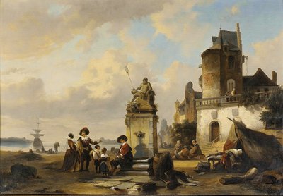 Figuras elegantes sentadas junto a una fuente, un puerto en el exterior de Henri Adolphe Schaep