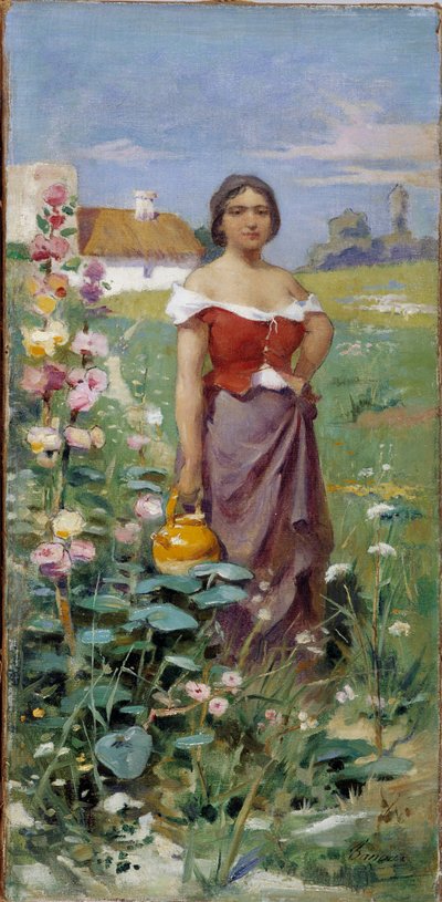 Camargaise una jarra Mujer joven vestida con una gitana en un campo. Pintura de Adrien Henri Tanoux (1865-1923) Siglo XX Mención obligatoria: Colección fondation regards de Provence, Marsella de Henri Adrien Tanoux