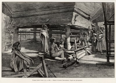Mujeres batak, grupo étnico del norte de Sumatra, tejiendo. Grabado por Laurent Desrousseaux para ilustrar la historia “un año en Malasia” de Jules Claine (1889-1890) de Henri Alphonse Louis Laurent Desrousseaux