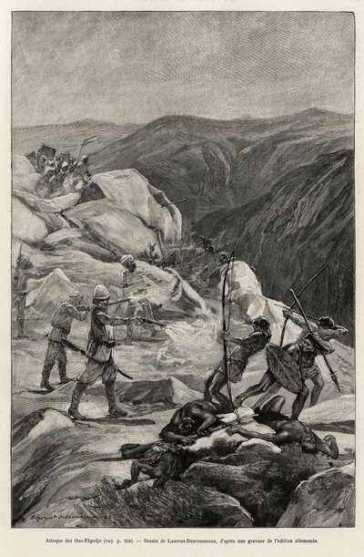 Ataque de Oua-Elgedjo. Grabado de Laurent Desrousseaux para ilustrar la historia "Al rescate de Emin Pacha", del Doctor Peters (1856-1918) de Henri Alphonse Louis Laurent Desrousseaux